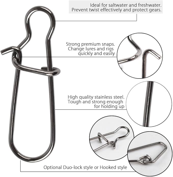 Dr.Fish Fishing Sinker Slides, 30-100 Pack Duo Lock Snap Sliding Swivels Fishing Line Slider Sinker Weight Connectors Saltwater Surf Fishing Rigs Catfishing Sliding Rig Bottom Rigs Fish Finder Rig