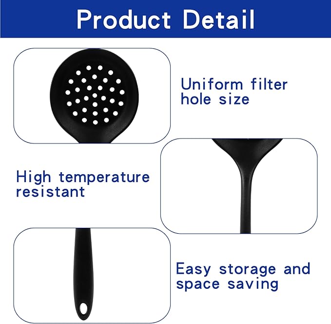 BokWin 1 Pcs Round Slotted Spoon Heat Resistant Silicone Strainer Spoon Non Stick Skimmer Spoon for Cooking Vegetable(Black)