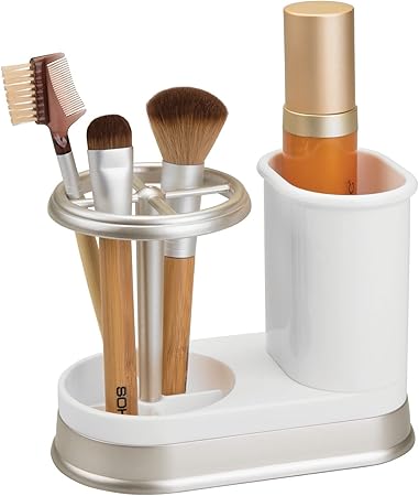 mDesign Decorative Bathroom Dental Storage Organizer Holder Stand for Electric Spin ToothbrushToothpaste - Compact Design for Countertop and Vanity, Holds 4 Standard Brushes - WhiteMatte Satin