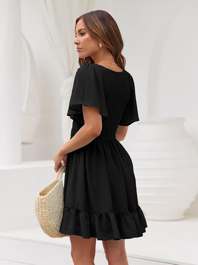 LILLUSORY Women's Flowy Casual Mini Dresses 2025 Summer Graduation Smocked V Neck Vacation Dress Dress with Pockets