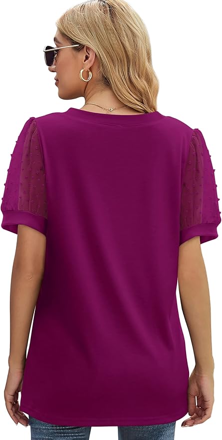 Aokosor Womens Summer Tops V Neck T Shirts Swiss Dot Puff Sleeve Tops Loose Casual Tshirts