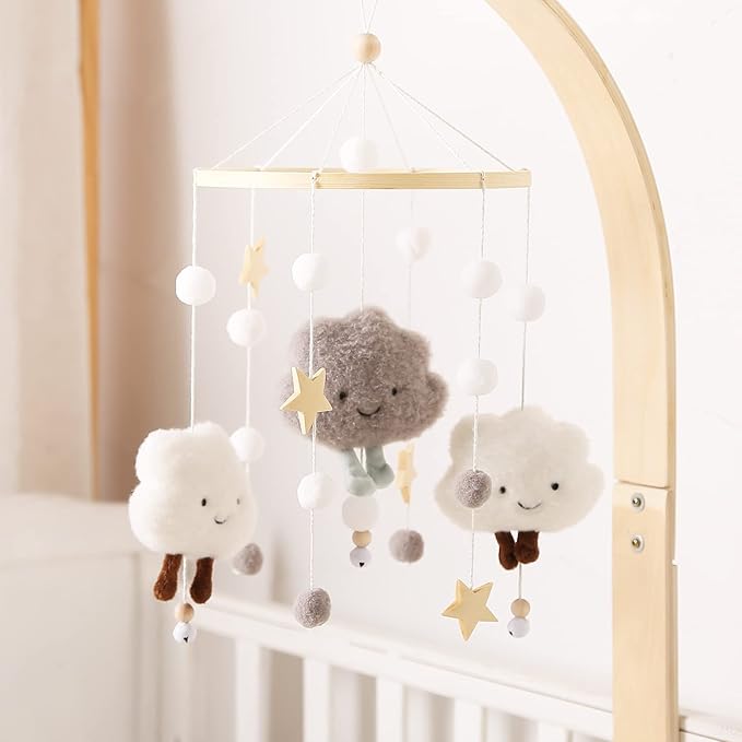 Baby Crib Mobile Wooden Wind Chime Bed Bell,Neutral Baby Crib Mobile,Baby Mobile for Crib,Handmade Baby Mobile,Clouds Baby Ceiling Mobile Baby Nursery Decoration (Grey)