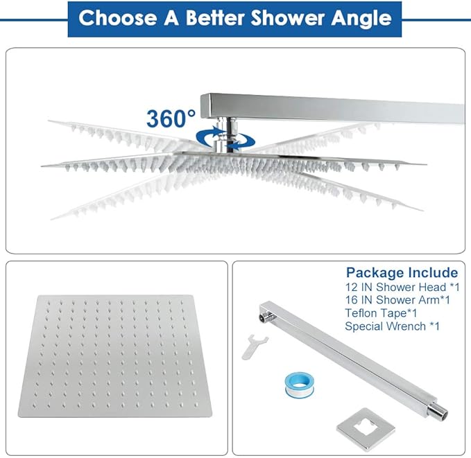 HarJue Shower Head, High Pressure Square, Stainless Steel Rainfall -Waterfall Full Body Coverage (12'' Shower, Chrome)
