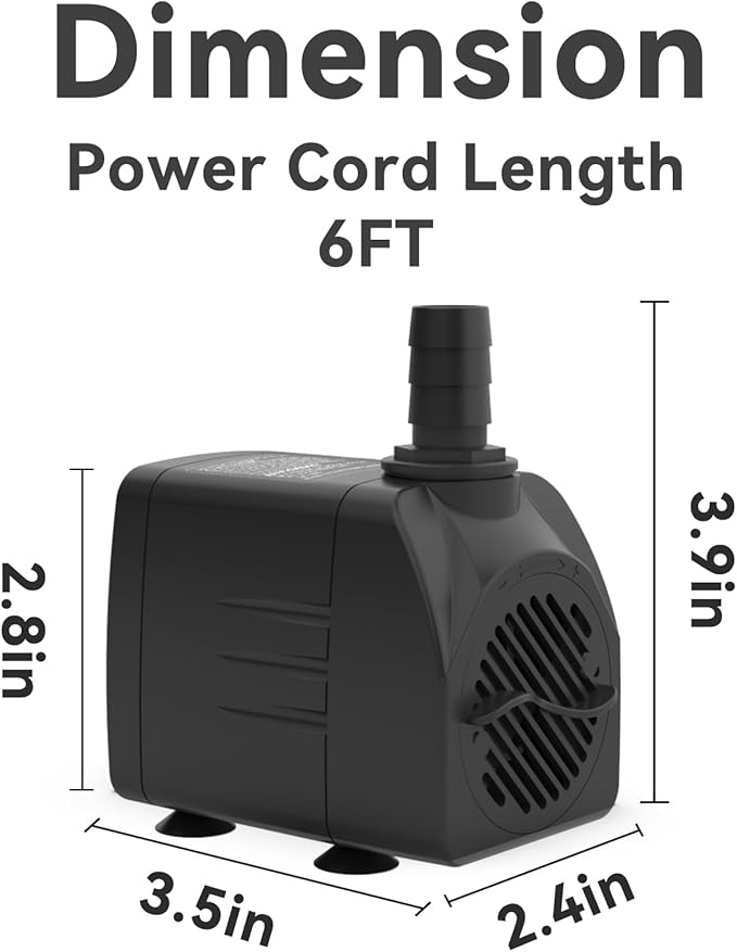 Submersible Pump 400GPH (1500L 25W) Ultra Quiet with Dry Burning Protection 6.5ft High Lift for Fountains, Hydroponics, Ponds, Aquariums & More