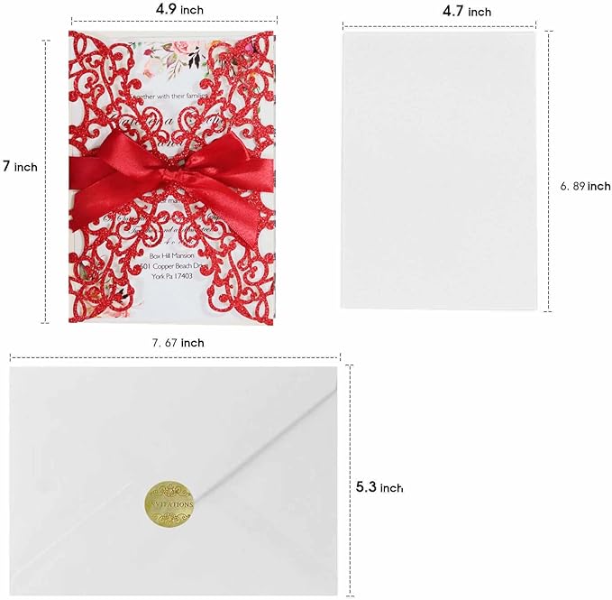 25PCS Wedding Invitation,Silver invitations,Silver Powder Floral Laser Cut with Blank Inner Sheet, Envelopes and Ribbons for Party Wedding Engagement Bridal Bridal Shower Invite (Red)