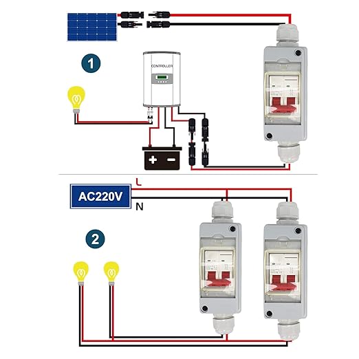 Focket 32A 500V PV DC Disconnect Switch, MCB 2P Solar Current Sink Load Switching Air Miniature Circuit Breaker with IP65 Waterproof Distribution Box for Panel (with Cable and Connector)