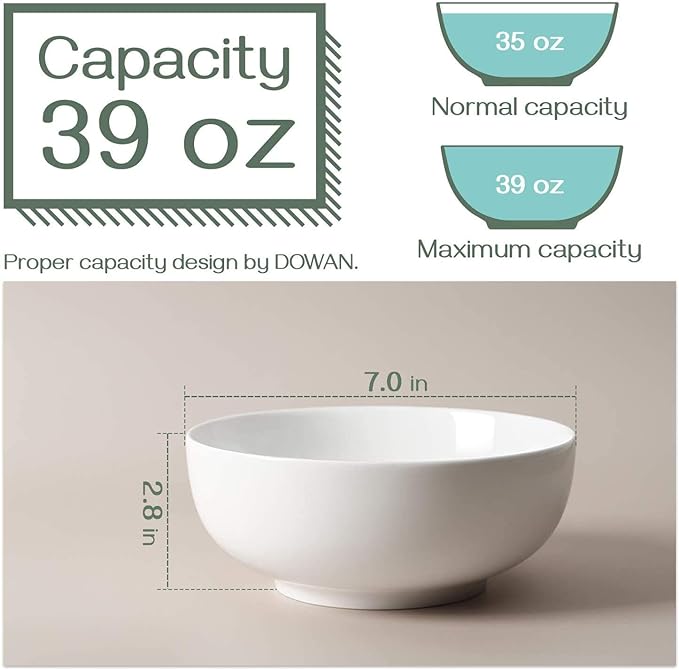 DOWAN Soup Bowls, Ramen Bowl for Noodle, 39 Ounce large Cereal Bowls for Kitchen, 7 Inches Salad Bowls, Microwave and Dishwasher Safe, White