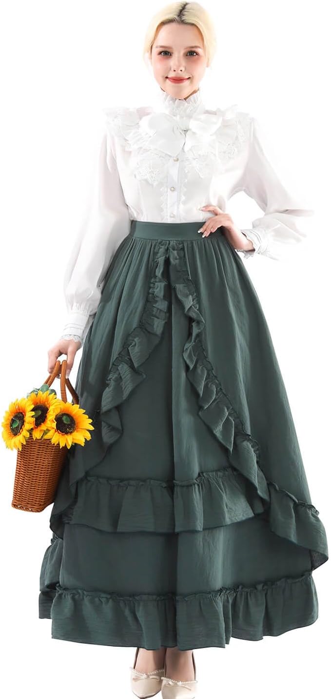 Nuoqi Women Victorian Skirt Double-Layer Maxi Renaissance Skirts Long Skirt