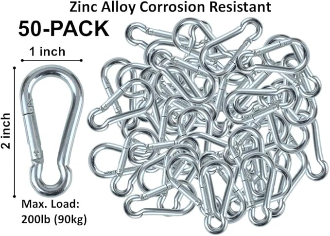 50 Pack and 100 Pack Bulk Heavy Duty Carabiner Snap Clip Hooks Black, Zinc and Stainless Contractors, Gyms, Fitness Centers, Business, Industrial