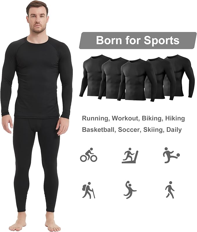 5Pack Men's Compression Shirts Long Sleeve Athletic Workout Sports Undershirt Base Layer Top for Winter