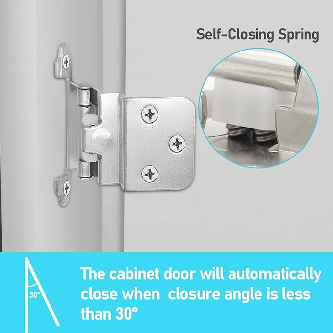 4 Pack 2 Pairs 38" Inset Kitchen Cabinet Hinges - Brushed Nickel Semi-Concealed Satin Nickel Self Closing Cabinet Door Hinges - Flush Face Mount Cupboard Hardware