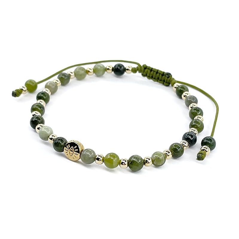 Lucky Evil Eye Natural Stone Beaded Adjustable Bracelet for Women (Green Jade)