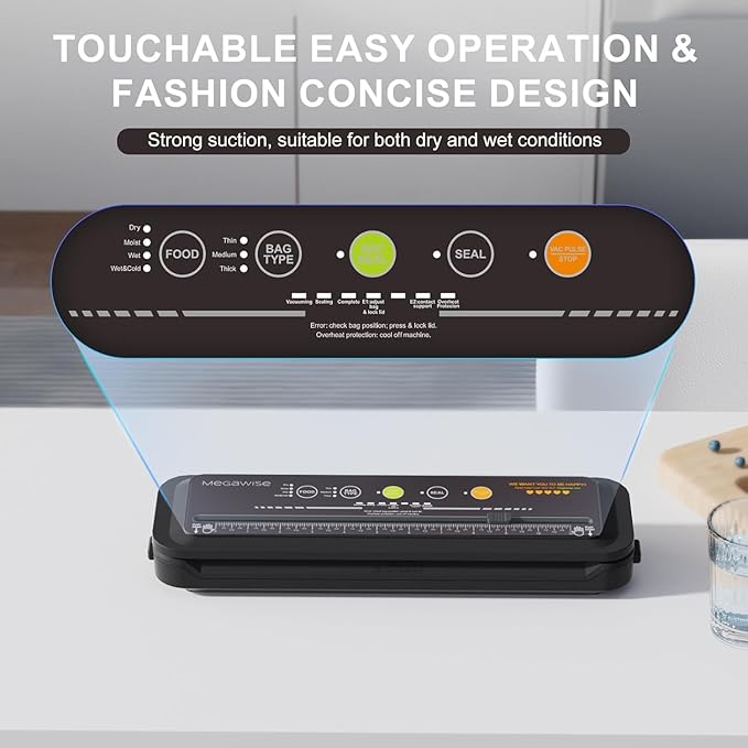 Updated Vacuum Sealer Machine (2025), MEGAWISE Food Sealer w/Starter Kit, Dry & Moist Food Modes, Compact Design with 10 Vacuum Bags & Built-in Cutter