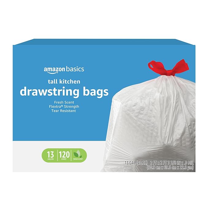 Basics Flextra Tall Kitchen Drawstring Trash Bags, Fresh Scent, 13 Gallon, 120 Count