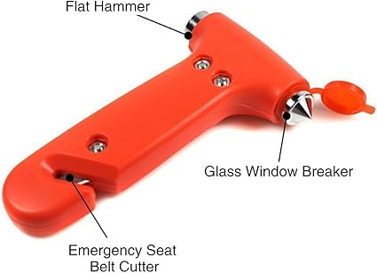 Tianmei Seat Belt Cutter and Emergency Rescue Car Window Glass Safety Hammer Breaker 2in1 Disaster Escape Tool (2in1-Dark Orange)