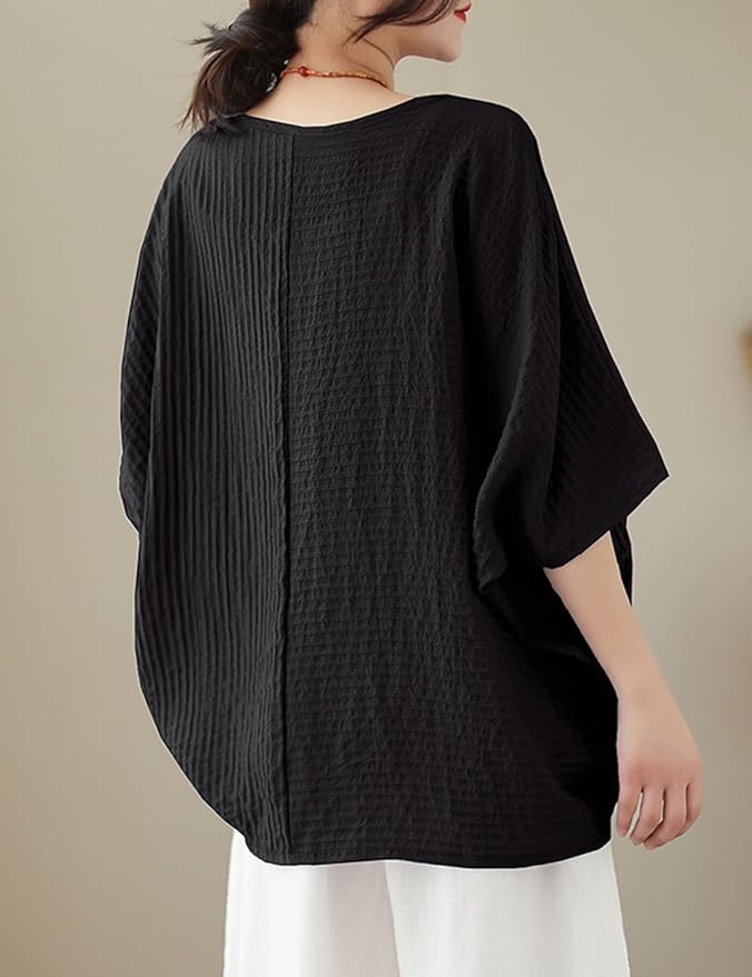 Women's Loose Cotton Linen T-Shirt Short Sleeve Tops Round Neck Bat Shirt Solid Colour Shirt