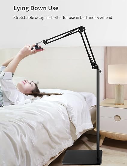 Tablet Floor Stand with Double Weight Base, Overhead Bed Phone Mount Height Adjustable Arm Stretchable Stand Holder, Compatible with iPad Mini Air Pro, Galaxy Tab, Kindle, Switch, Cell Phones