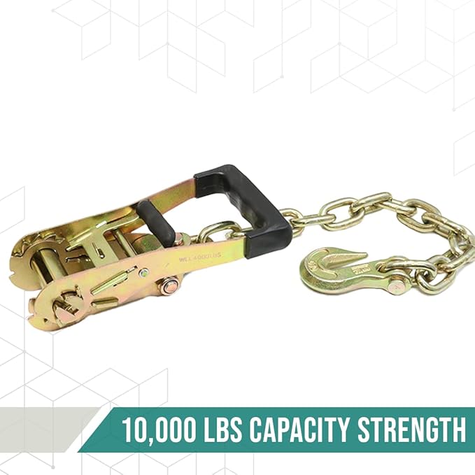 2" Ratchet Buckle with 516 G70 Forged Hook Chain Extension 1.5 feet 2Pack - Double Locking Ratchet, Breaking Strength 10,000lbs Towing Tie Down