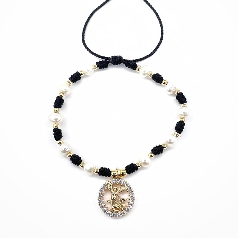 St Michael Archangel Pendant Medal on Adjustable Ivory Cord and Freshwater Pearls Wrist Adjustable Bracelet (Black)