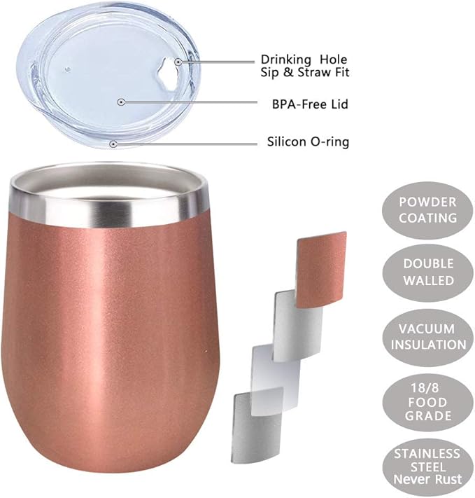 12oz Wine Mug Stainless Steel Tumbler Vacuum Double Wall Glass Stemless coffee Lid Gift Straw Travel Bottle Cocktail Large Walled Unbreakable Water Ice Champagne Cold Beer Drink (Rose Gold)