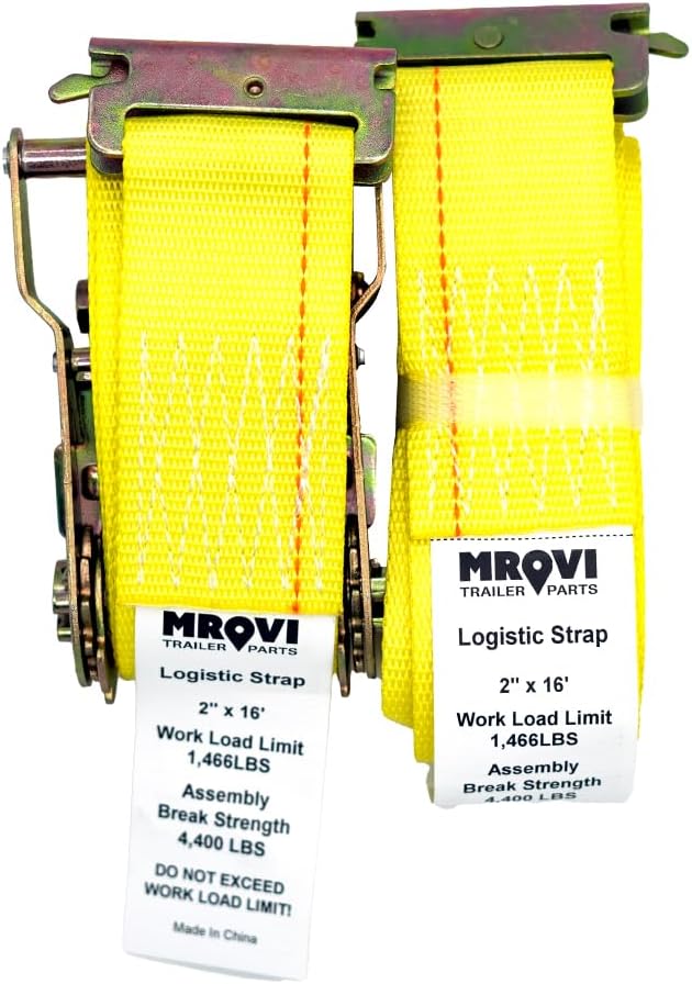 MROVI - E Track Logistic Strap 2" x 16', Logistic Cargo, Heavy Duty, E Track Hook, Yellow Cargo Strap - WLL 1,466 lbs x BS 4,400 lbs ((2) Two Pack)