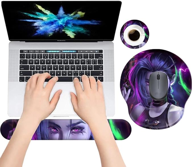 Anime Mouse Pad with Wrist Rest Keyboard Wrist Rest Pad Set with Coaster, Desk Accessories Mat Ergonomic Gel Mouse Pad with Non-Slip Base for Office Gaming Working Computers (Version 17)