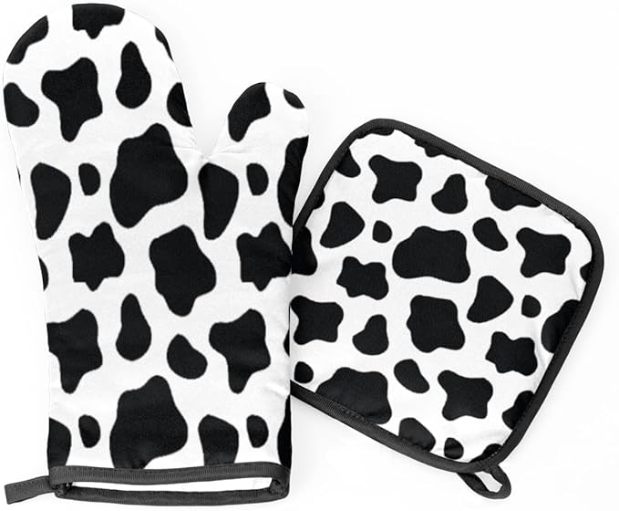 Cow Oven Mitts Set, Kitchen Oven Mitts and Pot Holders Set, Heat Resistant Hot Pads and Oven Mittsfor Baking Cooking Grilling BBQ