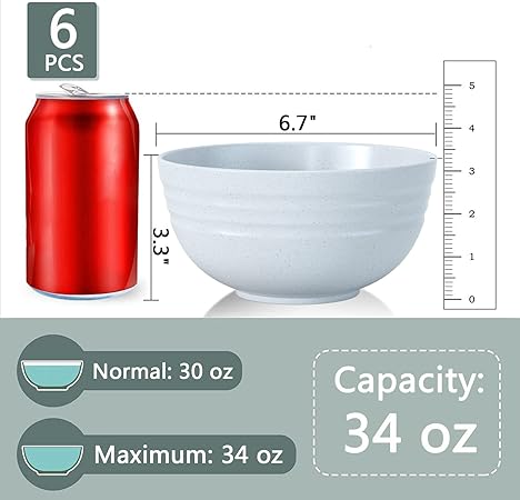 Homestockplus Set of 6 Unbreakable Large Cereal Bowls,34 Oz Ramen Bowls BPA-Free Eco-Friendly Bowl Set for Cereal, Salad, Soup, Ramen,Oatmeal Apply to Kitchen, Dishwasher Microwave Safe