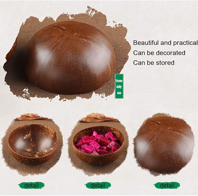 Natural Coconut Bowl Spoon Set,Creative Coconut Shell Fruit Salad Noodle Bowl Wooden Bowl Tableware,4 bowl
