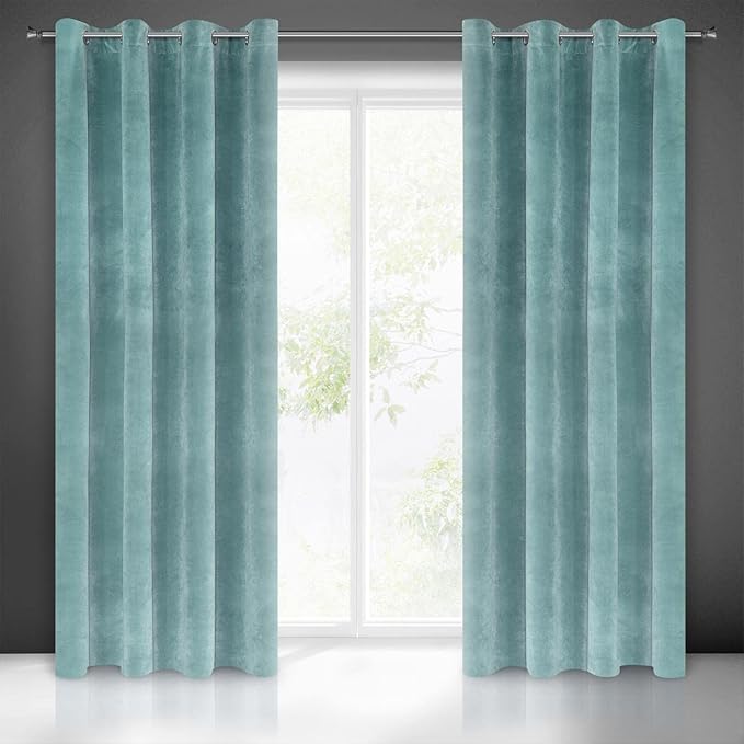 Villa Soft Plain Opaque Velvet Curtain with Eyelets - 1 Unit, Fluffy Panel Drape Classic Glamour Elegant Living Room, Bedroom, 290 g/m2, W55 x L98, Sea Green