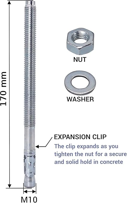 Pack of 2) Galvanised Wedge Anchors 3/8" x 6-3/4" (M10 x 170 mm) Dowel Metal Anchor Bolts Masonry Concrete Anchors