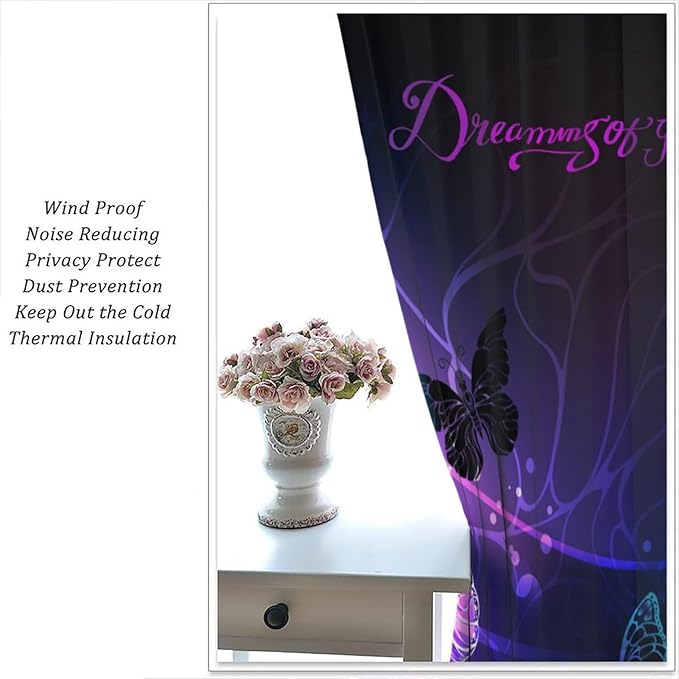 Butterfly Window Curtain, Purple Fantasy Dream Butterfly Curtains for Girls Kids Bedroom Bedroom Nursery Room Living Room 52" W X 84" L