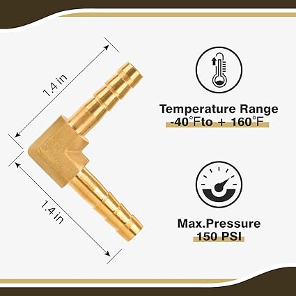 14" Hose Barb Elbow 90 Degree, Brass Barb Fitting for Fuel, Air, Oil, 4 Clamps Included (2-Pack)