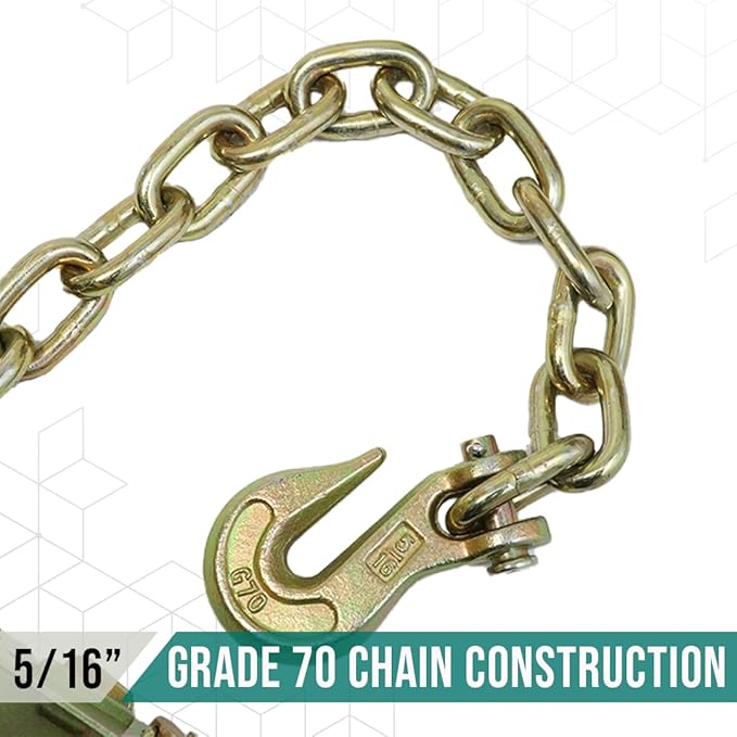 2" Ratchet Buckle with 516 G70 Forged Hook Chain Extension 1.5 feet 2Pack - Double Locking Ratchet, Breaking Strength 10,000lbs Towing Tie Down