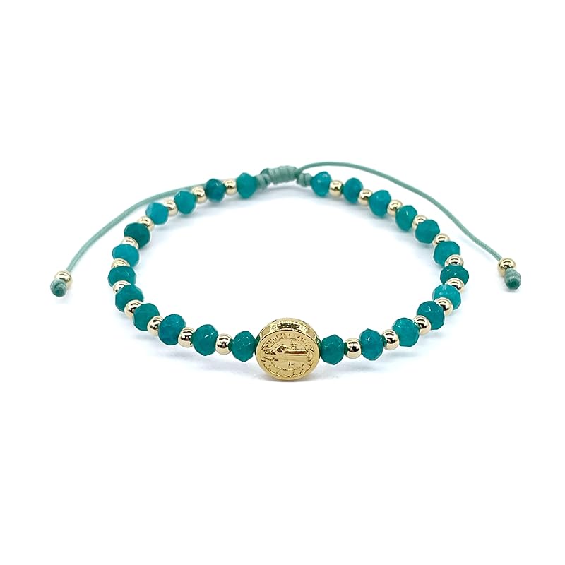 St Benedict Coin and Natural Round Aquamarine Agate Beads Adjustable Bracelet for Women (Aquamarine Agate)