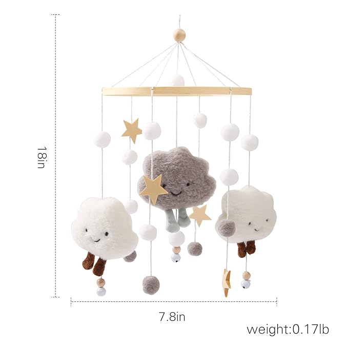 Baby Crib Mobile Wooden Wind Chime Bed Bell,Neutral Baby Crib Mobile,Baby Mobile for Crib,Handmade Baby Mobile,Clouds Baby Ceiling Mobile Baby Nursery Decoration (Grey)