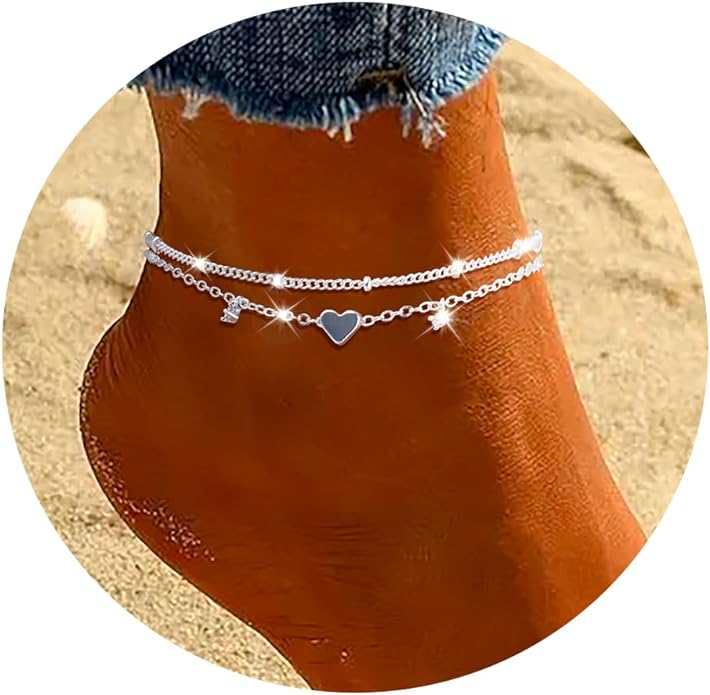 Sterling Silver Anklet Bracelets for Women Waterproof, 925 Sliver Plated CZ Heart Charm Dainty Layer Anklets for Women Trendy, Simple Chain Anklets Set Gifts for Women, Jewelry Gifts for Her Women Mom Wife Girlfriend