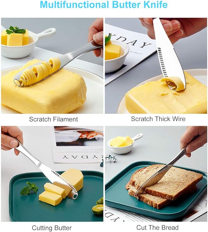 The Better Butter Spreader Knife, Butter Knife Spreaders, Stainless Steel Butter Knives Curler, Butter Knifes for Cold Butter Slicer with Holes, Butter Grater, 3 in 1 Kitchen Gadgets Serrated