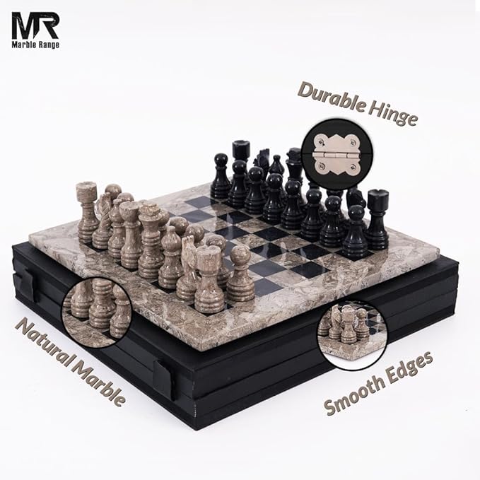 Marble Chess Set 12 Inch Handmade Oceanic Black Board Game with Storage Box, Classic Travel Chess Set for Adults with Pieces 2 Extra Queens, Elegant Gift Home Decor