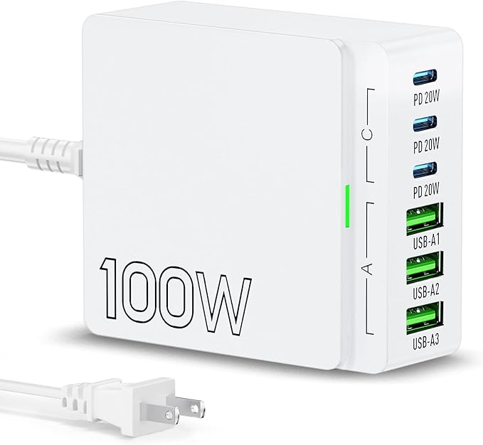 USB C Charger Block Charging Station: 100W 6 Port GaN Fast Charging Brick Hub Cube Box - PD 3.0 Type C USB A Wall Charger Power Adapter for iPhone 16 Pro Max iPad Samsung Android Pixel