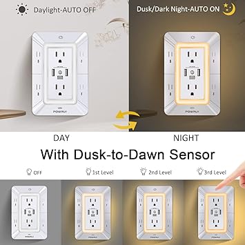 Multi Plug Outlet Surge Protector - POWRUI 6 Outlet Extender with 3 USB Ports (1 USB C) and Night Light, 3-Sided Power Strip with Adapter Spaced Outlets - White, ETL Listed