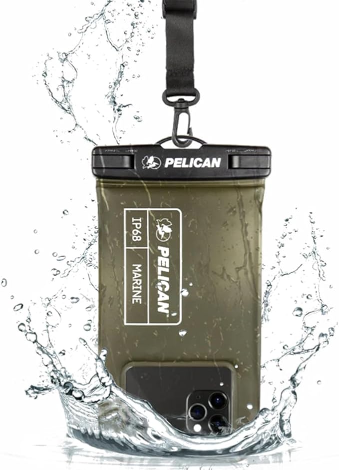 Pelican Marine - IP68 Waterproof Phone Pouch (Regular Size) Floating Waterproof Phone Case - Beach Cruise Ship Travel Essentials - Works with All Phones - Detachable Lanyard - Olive Green