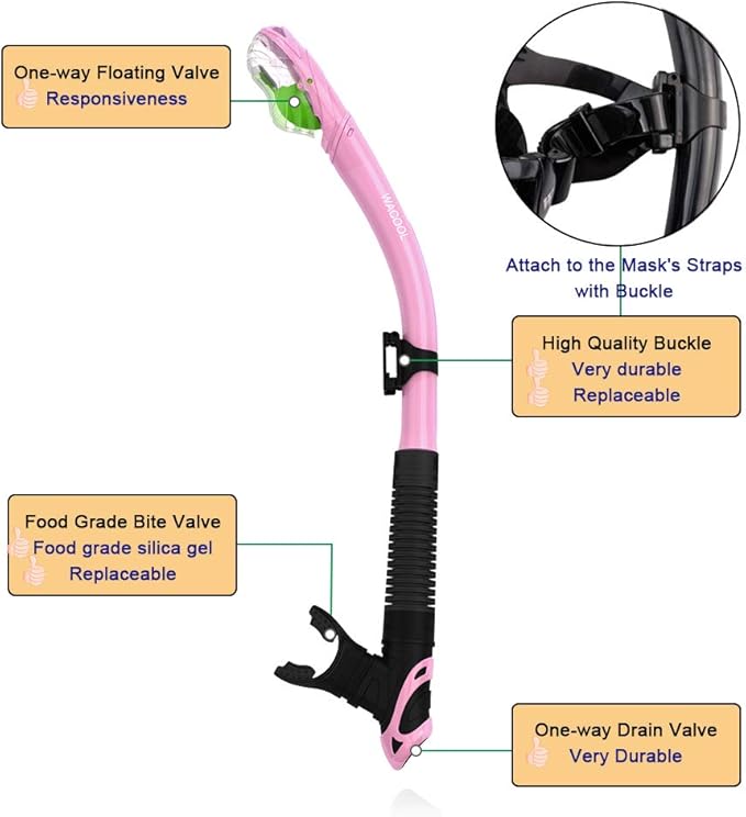 WACOOL Professional Snorkeling Snorkel Diving Scuba Package Set with Anti-Fog Coated Glass Purge Valve and Anti-Splash Silicon Mouth Piece for Men Women (Kids,Pink)