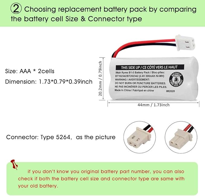iMah BT162342BT262342 2.4V 300mAh Ni-MH Cordless Phone Battery Pack, Also Compatible with BT183342BT283342 ATT EL52351 TL90070 VTech CS5119 DS6511 DS6722 LS6305 Handset, 2-Pack