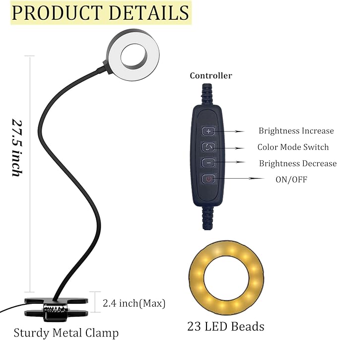 Clamp on Desk Lamp, LED Reading Light with Clamp - 3 Color Modes & 10 Brightness, 360°Adjustable Flexible Gooseneck Book Light for Office, Home, Reading and More - 18 inches Black