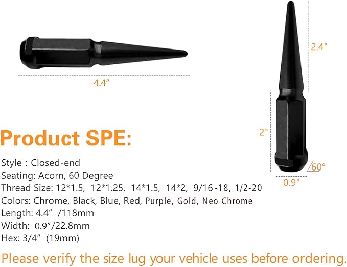 Thread Size: 14 x 1.5 Acorn Seat Solid Metal Spike Lug Nut Closed End Tuner Wheel Rim Tire Screw Refit, Chrome
