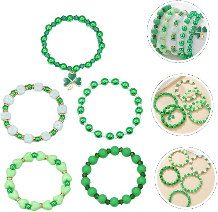 Garneck 5Pcs St Patrick's Day Jewelry Set - Green Beaded Stretch Bracelets with Shamrock Charms - Accessories for Celebrations Parties and Holiday Festivities