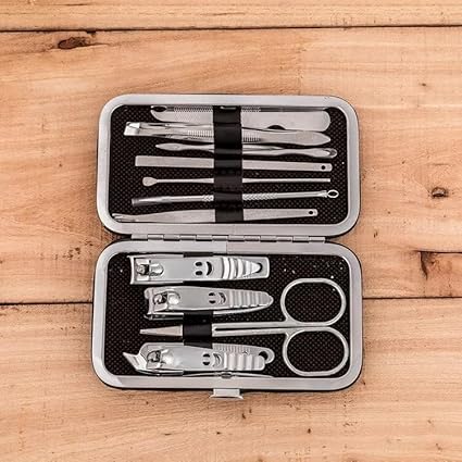 Manicure Set with Nail Clippers, Scissors, Files and Polish Remover, Black, Chrome