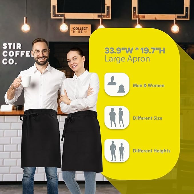 ROTANET Server Apron Black with 3 Pockets 20 Inch Long Waiter Waitress Bistro Half Waist Aprons for Women Men Waterproof