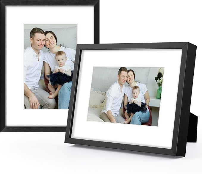 Frametory, 6x8 Aluminum Frames with Mats for 4x6 PicturesPhotos - Real Glass- PortraitLandscape - Horizontal and Vertical Formats for Wall and Table Mounting (Black, 2 Pack)